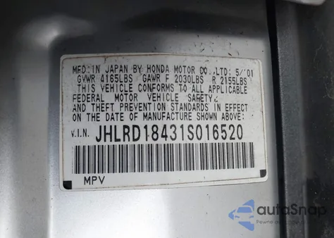 2001 Honda Cr-V Lx z USA, uszkodzony, nr VIN JHLRD18431S016520